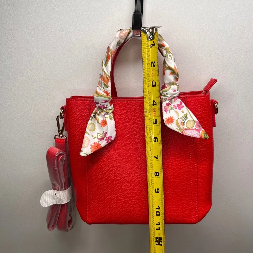 Red Pebbled Leather‎ Tote Bag with Floral Scarf Top Handle Detachable Strap
